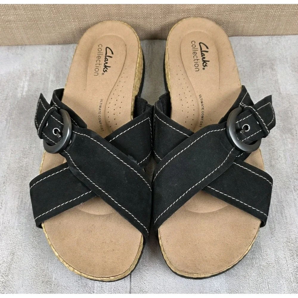 Clarks Reileigh May Black Nubuck Leather Adjustable Slides Sandals Women's 9M